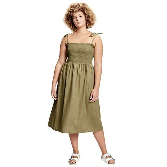 GAP Women's Smocked Bodice Shoulder Tie Midi Dress Olive Green Size 16-18 XL - Picture 2 of 8